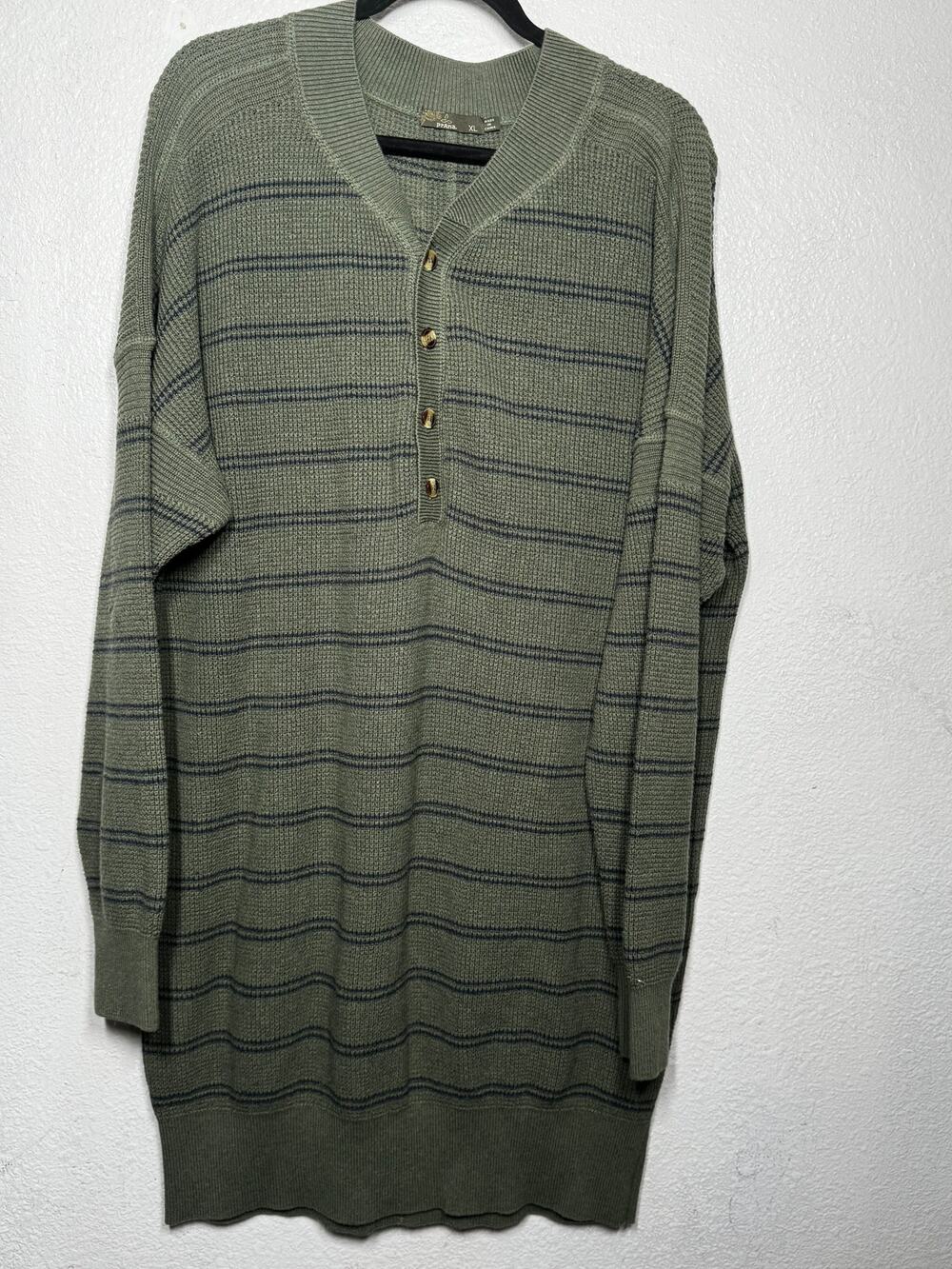 Prana Milani Henley Sweater Dress Green Striped Knitted Button Long Sleeve Sz XL